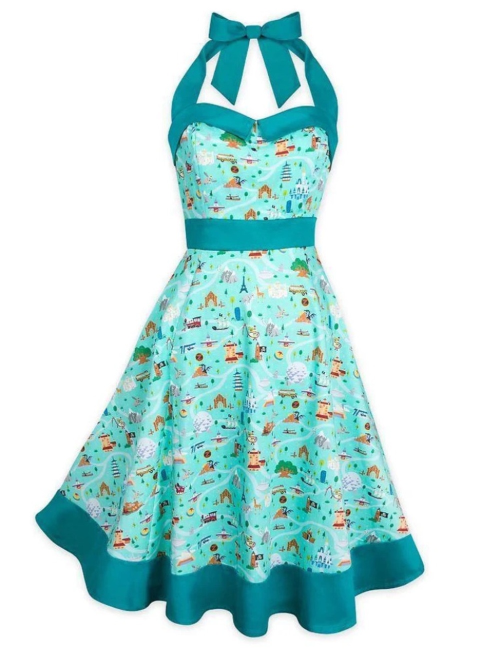 Disney Parks The Dress Shop 'Park Icons' in Teal Cotton Halter Dress SMALL - NEW